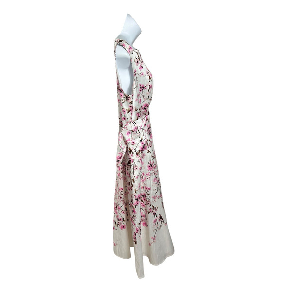Cherry Blossom Print Dupioni Midi Dress Sz 16 Split Boat Neck Sash Belt New - Picture 8 of 13